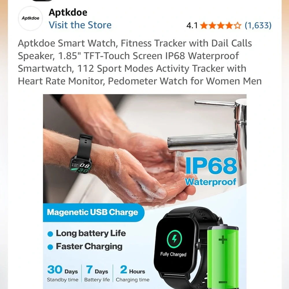 Aptkdoe Black Smartwatch with USB Charging Cable